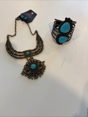 Boho Turquoise Pendant Necklace and Cuff Bracelet Set - Paparazzi